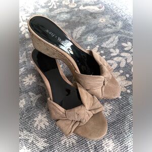 Jimmy Choo Avenue knot-embellished wedge sandals in tan suede with cork soles